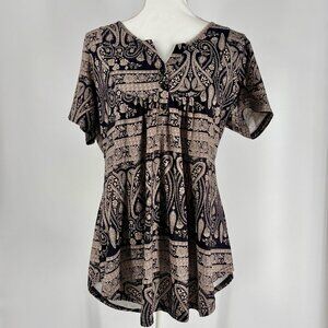 Halife Womens Short-Sleeve Paisley Print Boho Tunic Top Black & Beige Size L